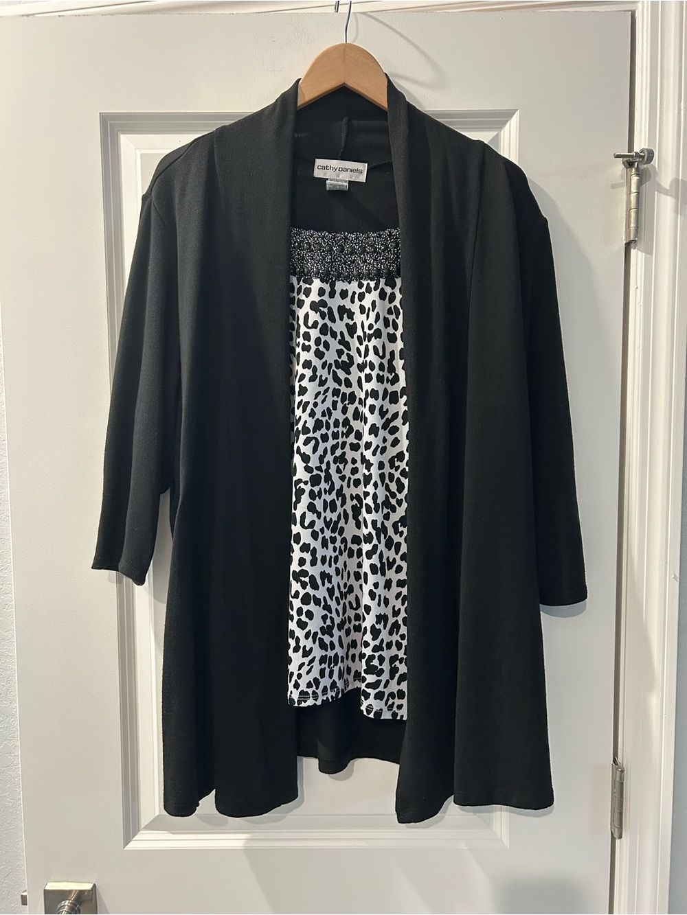 Cathy Daniels Black Open-Front Cardigan with Black-and-White Animal Print Panel